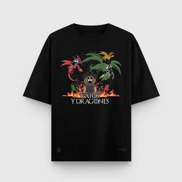 Camiseta Oversize Gatos y Dragones | Frontal - Camiseta Oversize - Talla: S - Geek Hunters